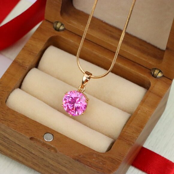 "Brilliant Round Pink Stone Rose Gold Pendant Sparkling Charm, XPPT1599 - Picture 7 of 13